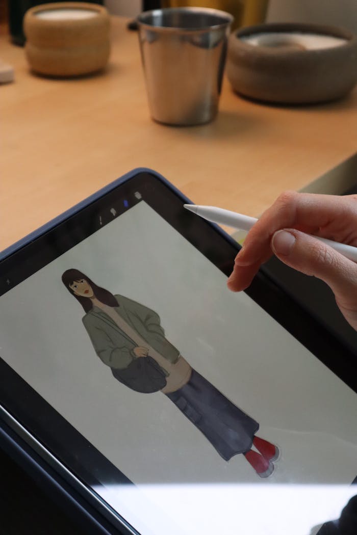 services-02 A person draws a character on a tablet using a stylus in a cozy workspace.
